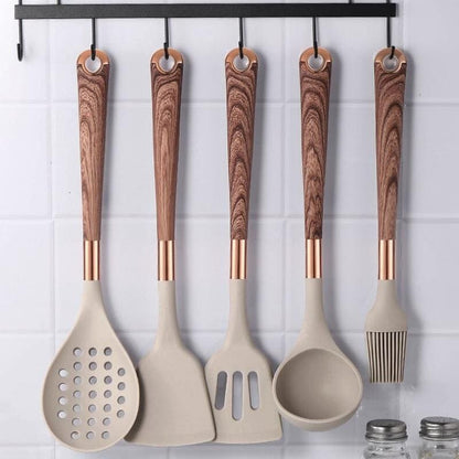 Ensemble d'ustensiles de cuisine en silicone de 10 pièces avec organiseur en rose