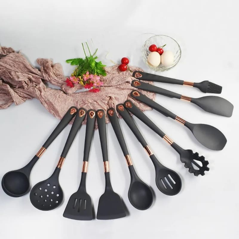 Ensemble d'ustensiles de cuisine en silicone de 10 pièces avec organiseur en rose